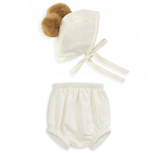 Open image in slideshow, Off-White Pompom Bonnet &amp; Knicker Set
