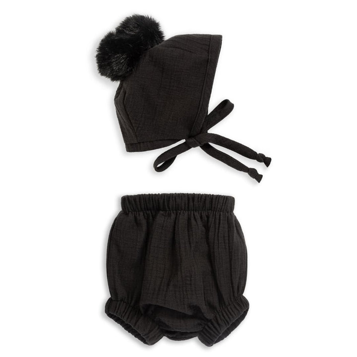 Black Pompom Bonnet & Knicker Set