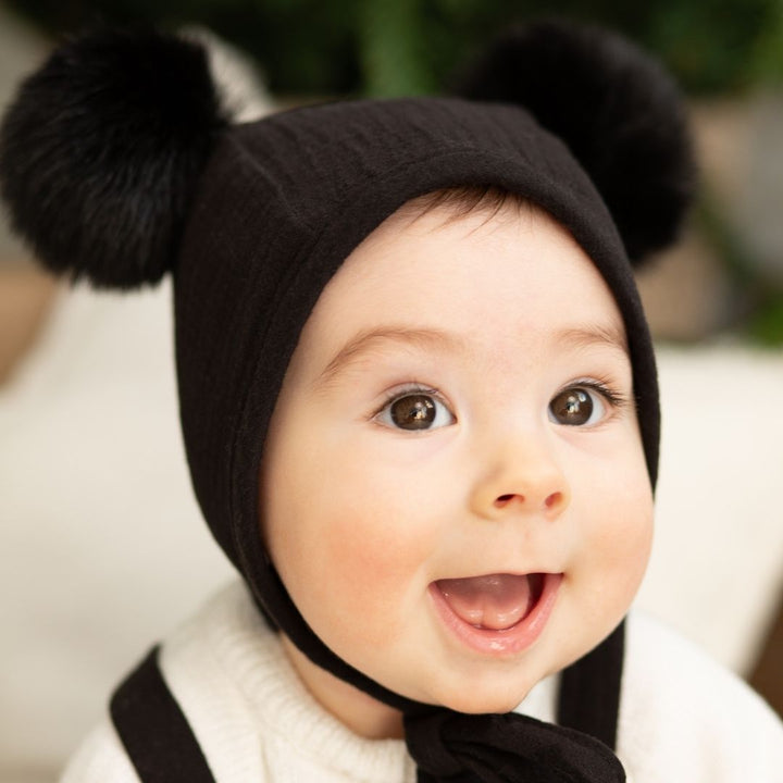 Black Pompom Bonnet & Knicker Set